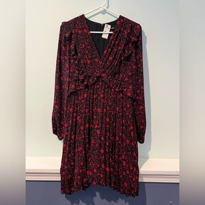 Express Women’s Black Dress With Red Roses Long Sleeve Gathered Sleeves, Size S